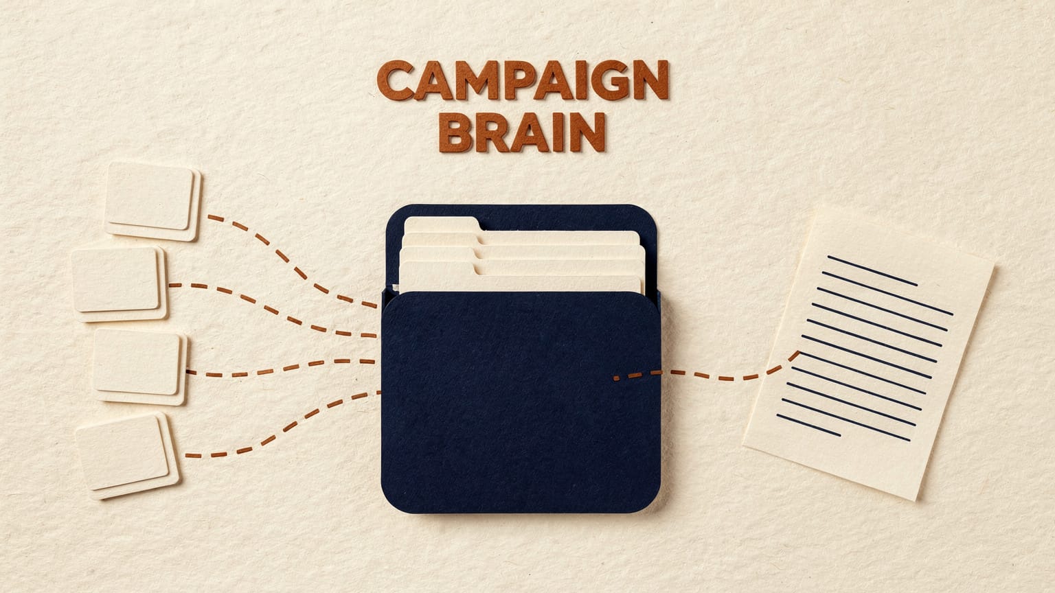 Paper-craft illustration: a deep-navy cut-paper archive box labelled CAMPAIGN BRAIN holding cream folders, with dashed burnt-orange lines feeding in from small stacks of cream cards on the left and one line leading out to a finished cream document on the right.