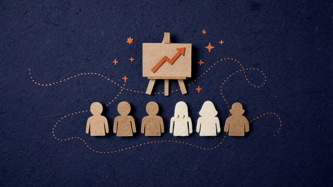 Paper-craft collage header: cut-cardboard figures around a table with an upward-trending chart and a gear, illustrating a corporate AI training rollout.