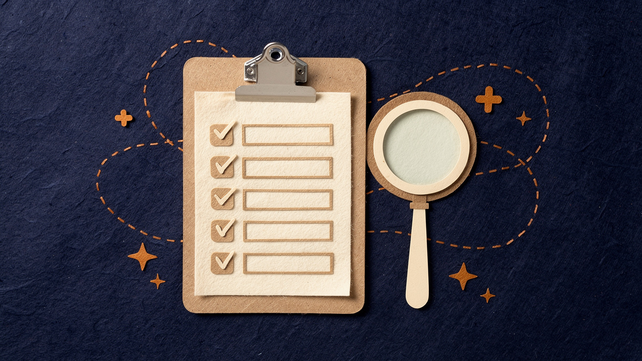 A printed checklist with hand-ticked boxes beside a laptop, illustrating how to evaluate and choose an AI consultant.