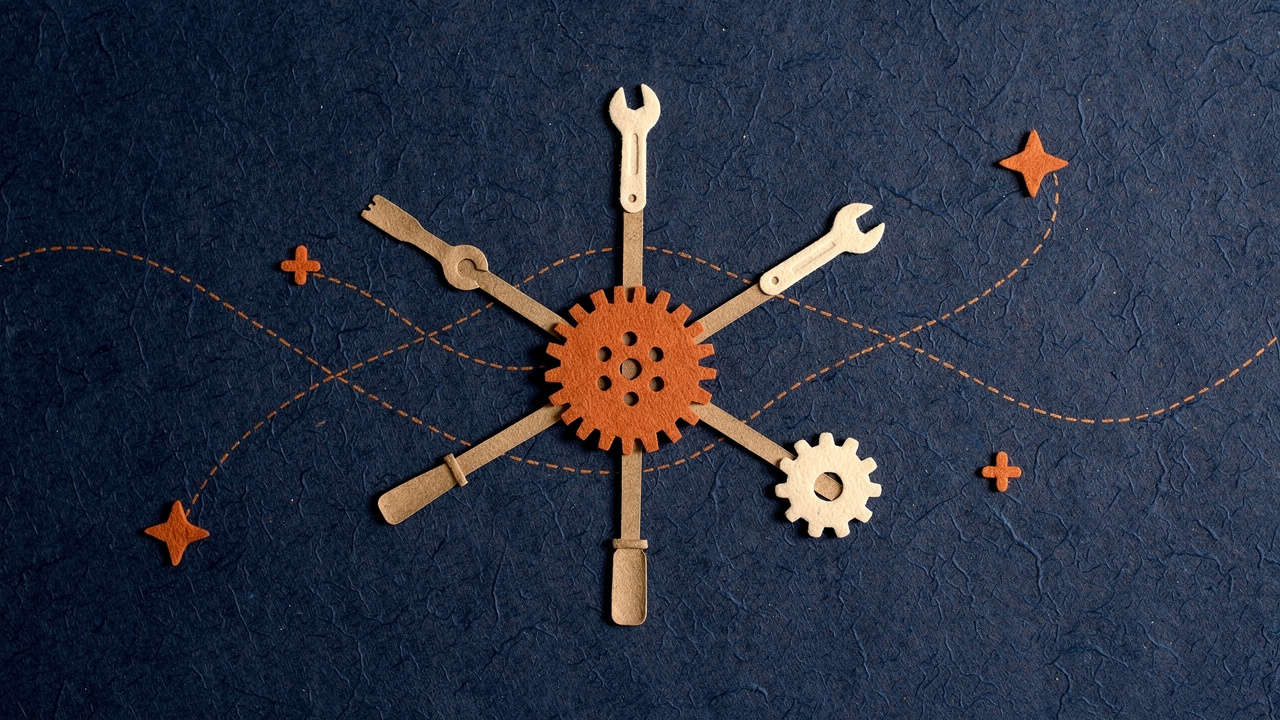 Paper-craft collage: cut-card gears, an inbox, a spreadsheet, and a robot icon linked by torn-paper connector lines on navy — illustrating an AI automation agency wiring tools together.