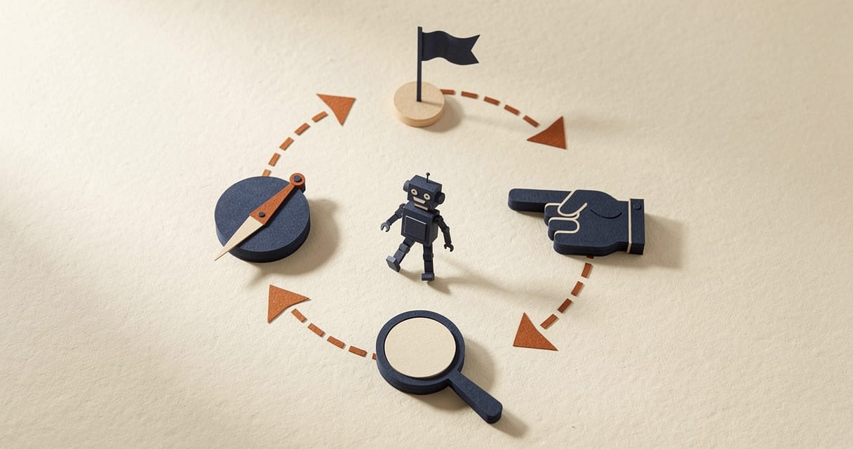 Paper-craft illustration: a small navy robot inside a circular loop of dashed orange arrows connecting a goal flag, a pointing hand, a magnifying glass, and a compass.