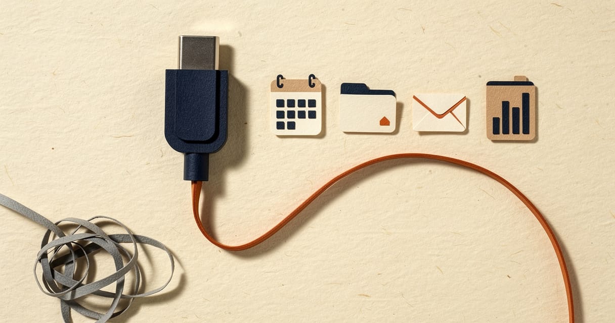 Paper-craft illustration: one navy USB-style connector with a single orange cable reaching toward a calendar, folder, envelope, and bar-chart icon, while a tangle of old grey cables sits discarded in the corner.