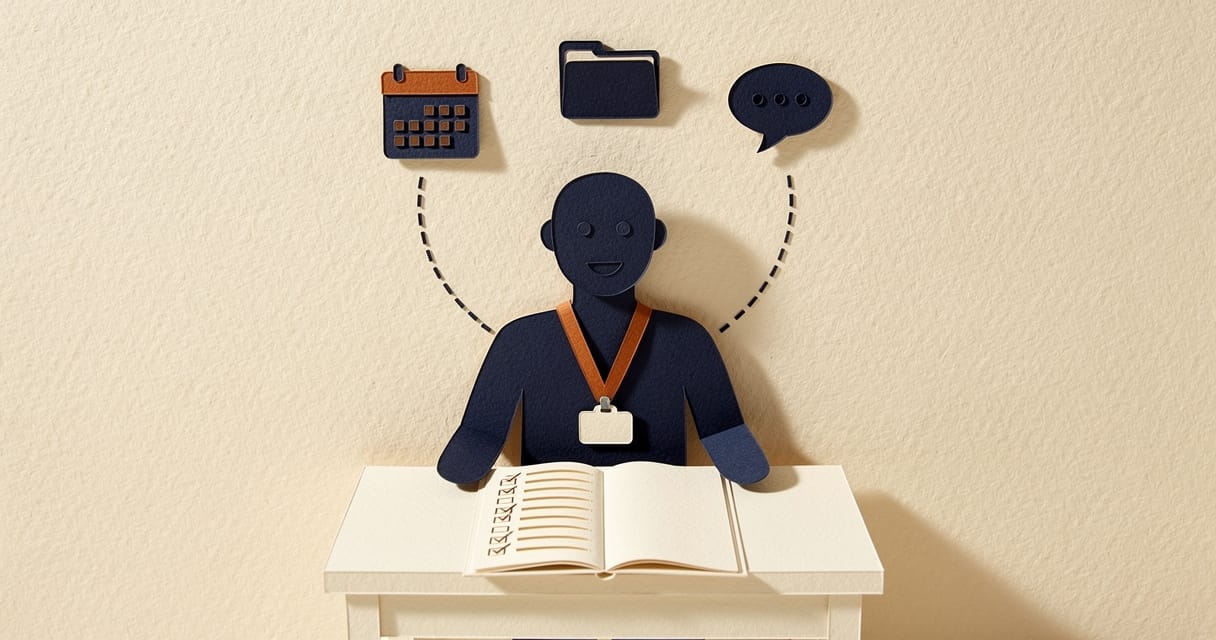Paper-craft illustration: a navy figure at a desk wearing an orange lanyard badge, an open checklist manual in front of them, with dashed lines connecting the badge to floating calendar, folder, and chat icons.