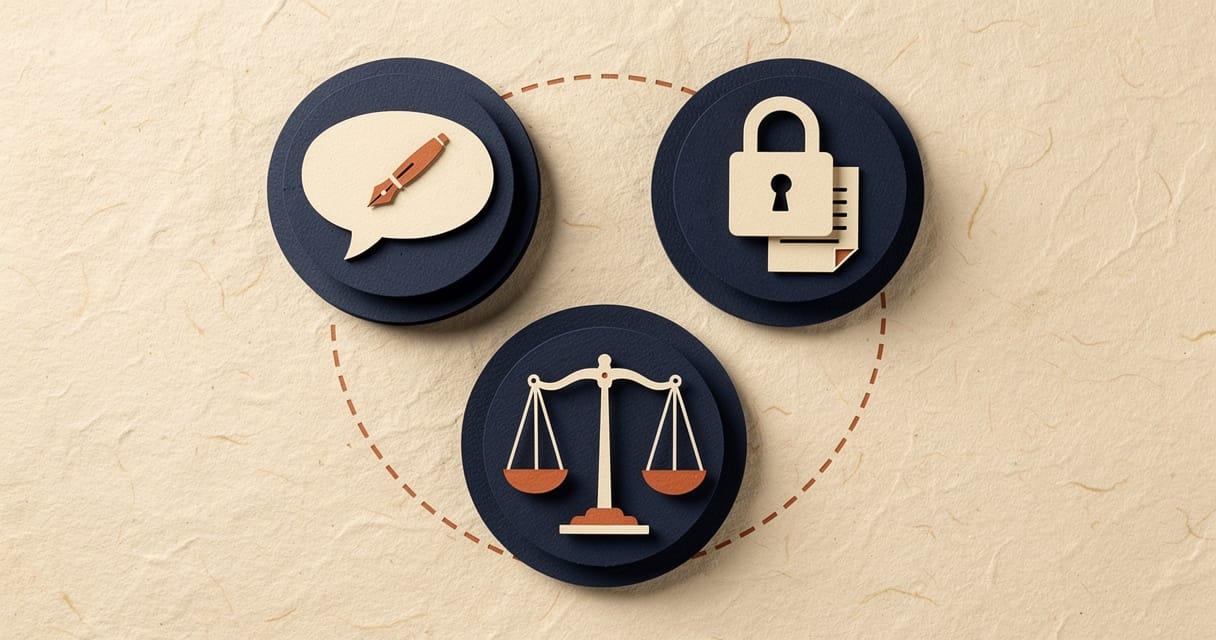 Paper-craft illustration: three navy circular medallions joined by dashed orange lines — one holding a speech bubble with a pen nib, one holding a padlock over a document, one holding a set of balance scales.