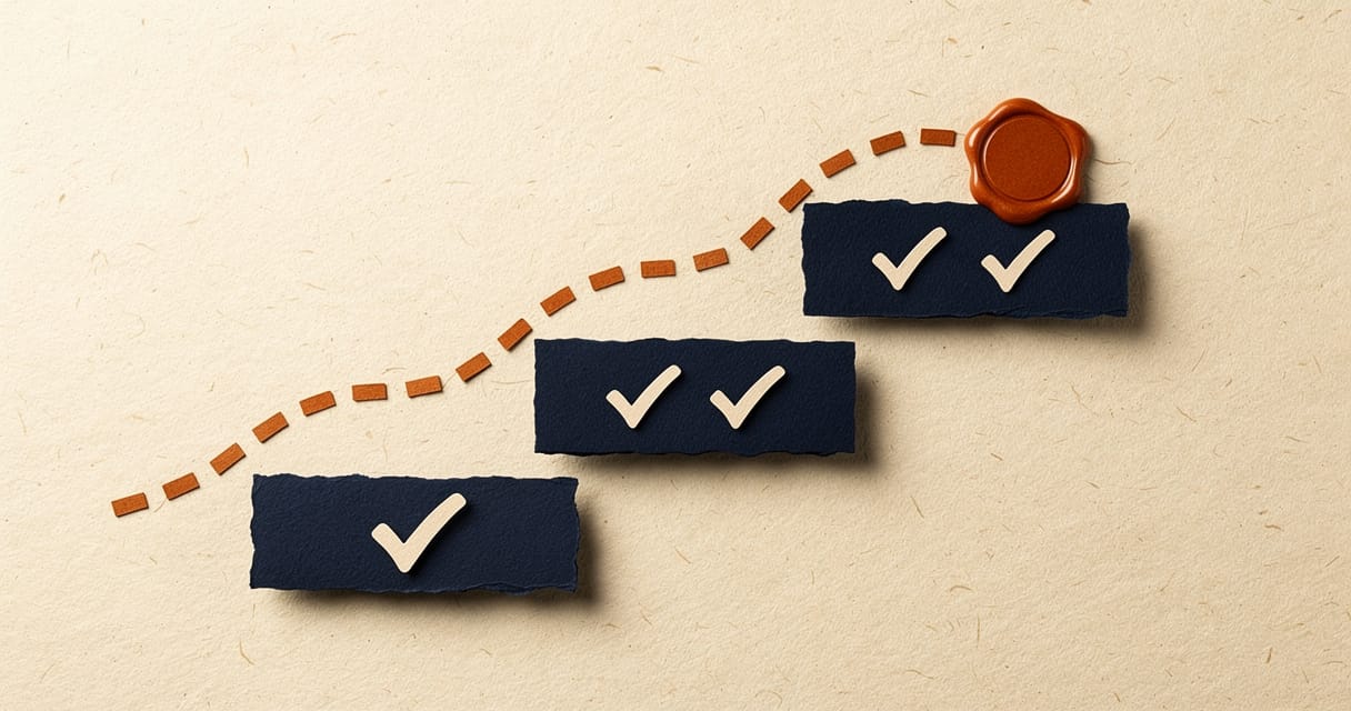 Paper-craft illustration: three navy paper steps rising left to right, with one cream tick on the lowest, two on the middle, and two ticks plus a burnt-orange wax seal on the highest — a dashed orange line climbing over them.