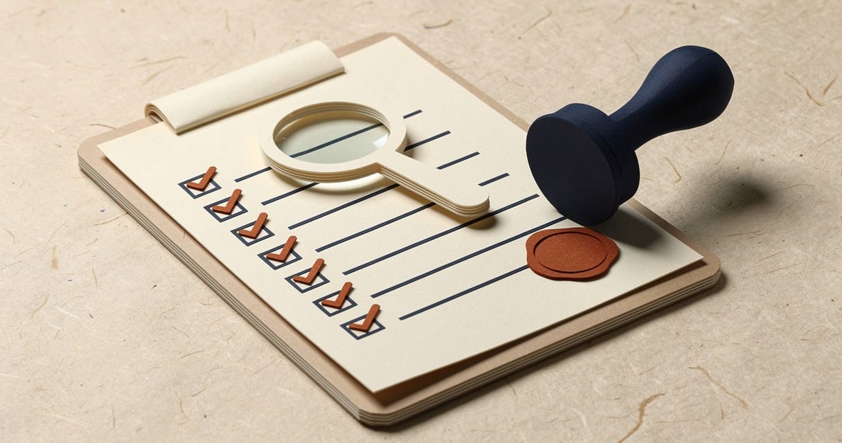 Paper-craft illustration: a cream clipboard holding a checklist ticked with burnt-orange marks, a cream magnifying glass hovering over one line, and a navy stamp pressing an orange seal at the foot of the page.