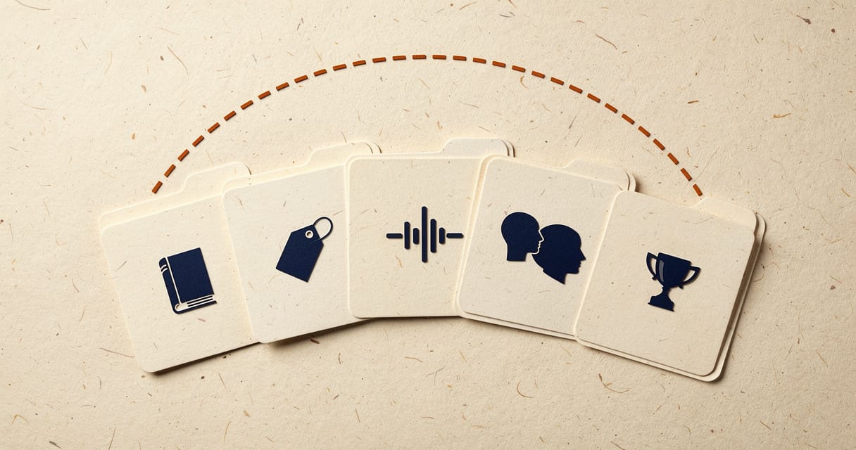Paper-craft illustration: five cream cut-paper folders fanned in a row under a dashed burnt-orange arc, each carrying a small navy icon — a closed book, a price tag, a sound wave, two overlapping head silhouettes, and a trophy.