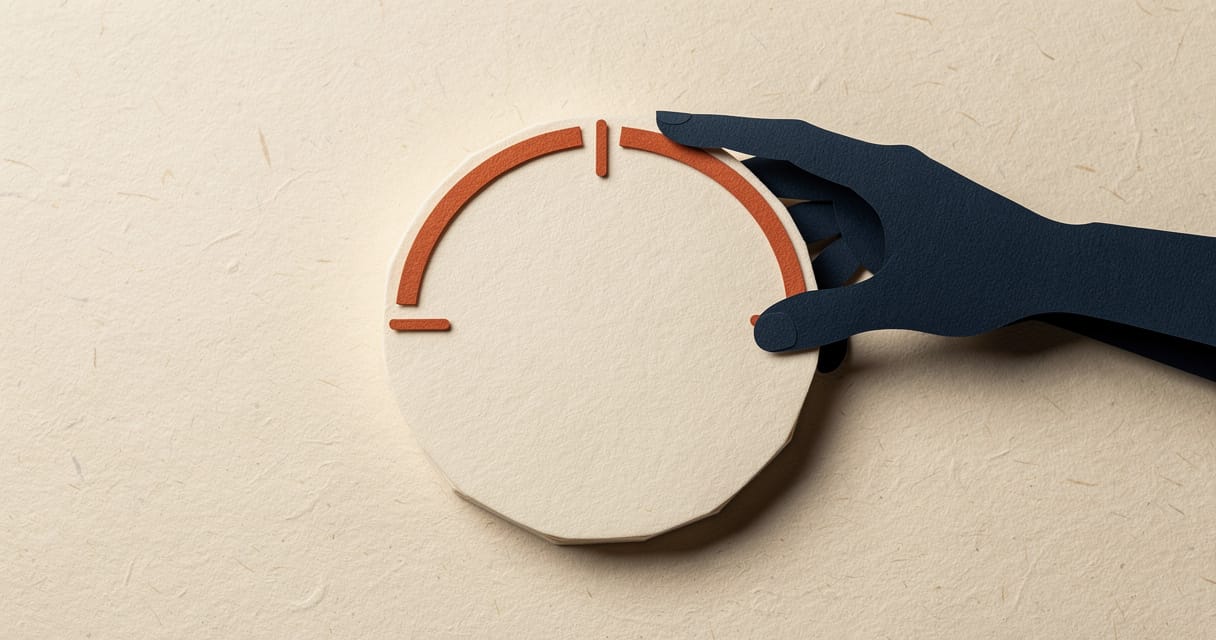 Paper-craft illustration: a large cream cut-paper dial lying flat with burnt-orange arc segments and tick markers set around its rim, and a deep-navy cut-paper hand gripping the edge to turn it clockwise.