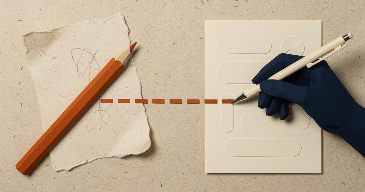 Paper-craft illustration: a torn cream sheet with a rough pencil sketch on the left, a dashed orange line leading right to a navy paper hand adding the final mark to a finished cream page.
