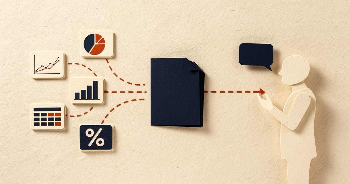 Paper-craft illustration: five small cream data cards — a line chart, bar chart, pie chart, table and percentage tile — funnelling along dashed orange lines into a single navy report, with the line continuing to a cream human figure holding a navy speech bubble.