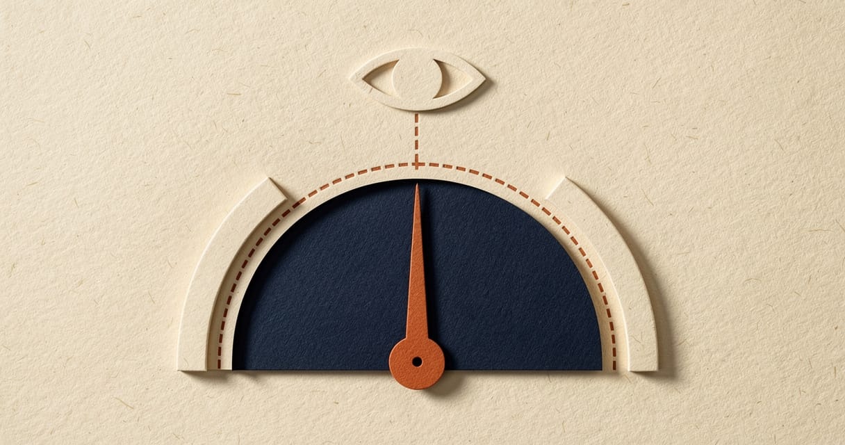 Paper-craft illustration: a navy semicircular dial with a burnt-orange needle, fenced on both sides by cream bracket markers that bound the permitted range, with a small cream eye watching from above on a dashed orange line.