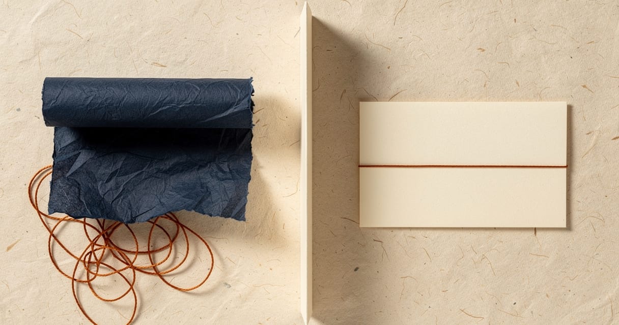 Paper-craft illustration: a cream paper divider splits the scene — on the left a crumpled navy scroll with tangled burnt-orange thread spilling off it, on the right a crisp cream card ruled with one clean burnt-orange line.
