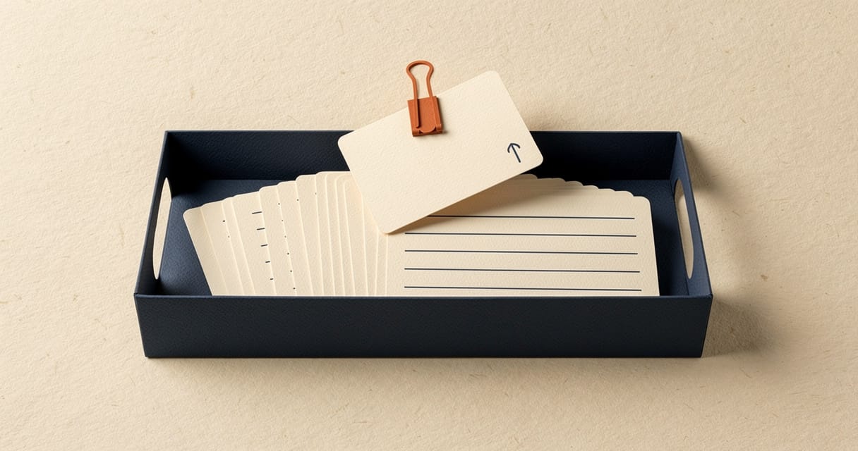 Paper-craft illustration: a deep-navy cut-paper tray holding a fan of cream cut-paper cards ruled with faint navy lines, with one card lifted out above the fan and held by a burnt-orange clip.