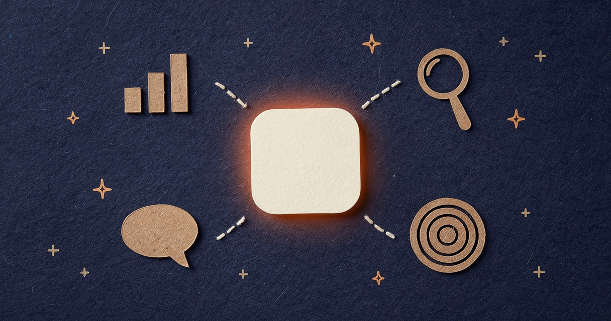 Paper-craft illustration: four data-source icons — a bar chart, a magnifying glass, a speech bubble, and a target — funneling along dashed lines into a single central hub.