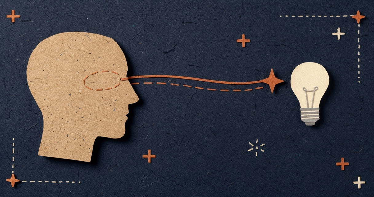 Paper-craft illustration: a profile of a head joined by a dashed line to a lightbulb — working a problem through, not automating it.