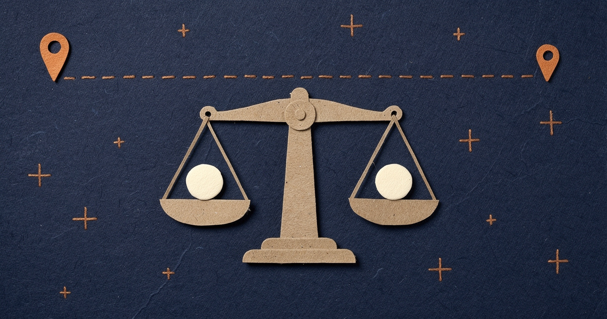 Paper-craft illustration: a perfectly balanced scale beneath a dashed line spanning two location pins — the same standard held across a distance.