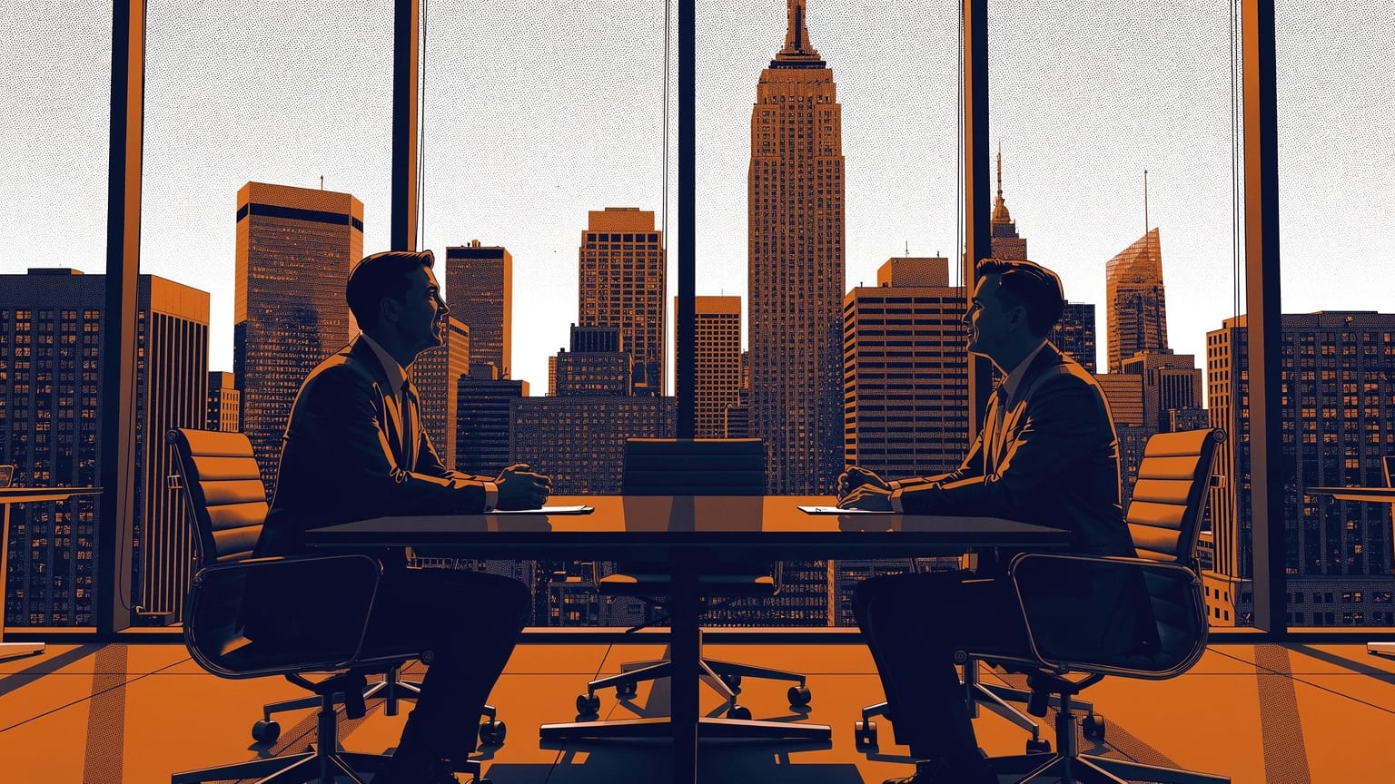 Two executives meeting in a high-rise boardroom overlooking a city skyline — the enterprise audience LOKAL serves